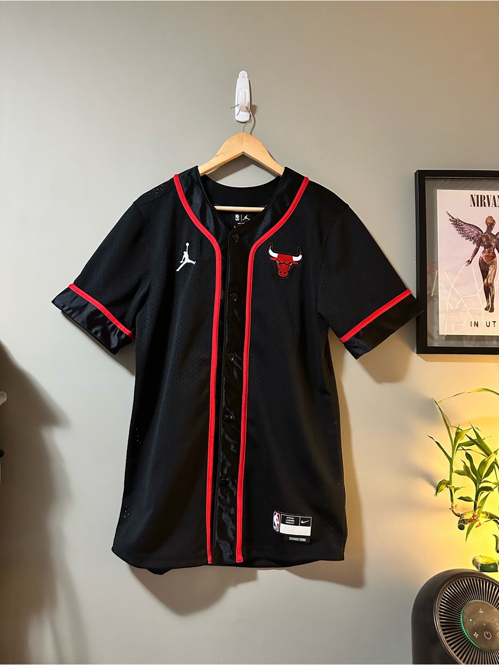 NBA Chicago Bulls Black and Red Jordan Button-Up Jersey